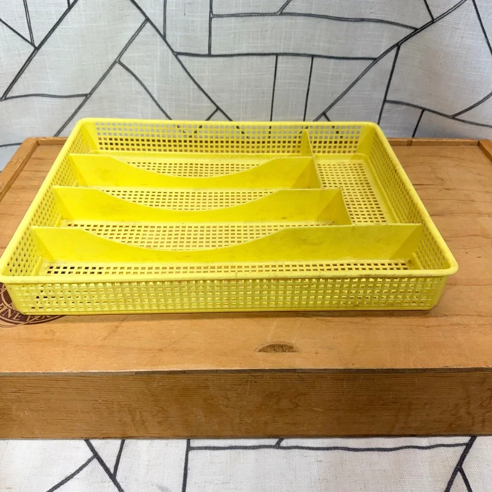 Vintage Yellow Plastic Mesh Silverware Drawer Organizer 5 Compartment Tray Retro